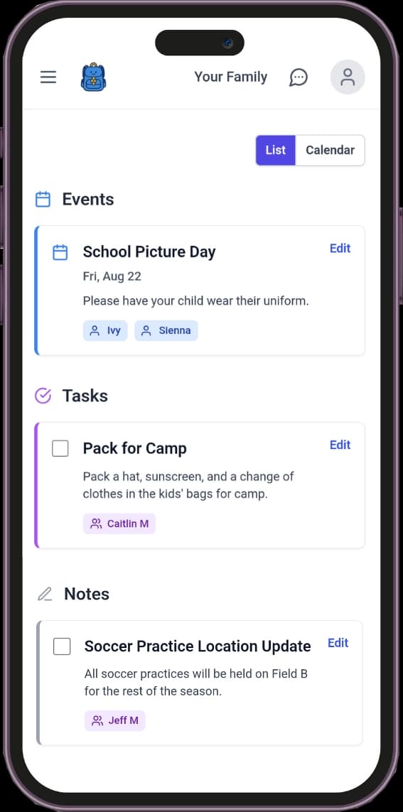 Backpack Brief mobile app showing weekly school digest with organized list of upcoming events, activities, and deadlines